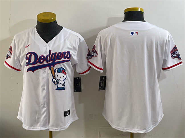 Women's Los Angeles Dodgers Blank White Hello Kitty Night 2025 World Series Champions Patch Stitched Baseball Jersey(Run Small) Women's Los Angeles Dodgers Blank White Hello Kitty Night 2025 World Series Champions Patch Stitched Baseball Jersey(Run Small)